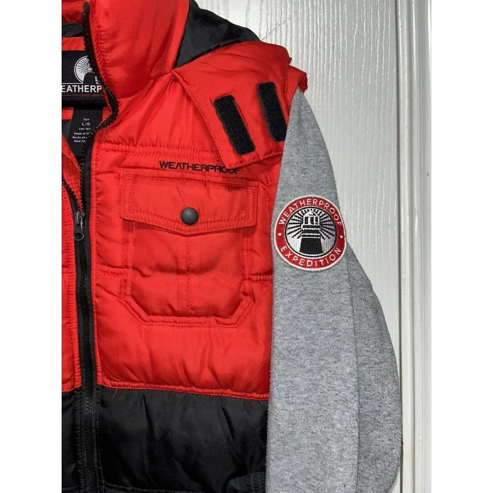 Weatherproof‎ Large 14/16 Warm Hooded Puffy Coat Vest Jacket Pockets Patch Hood